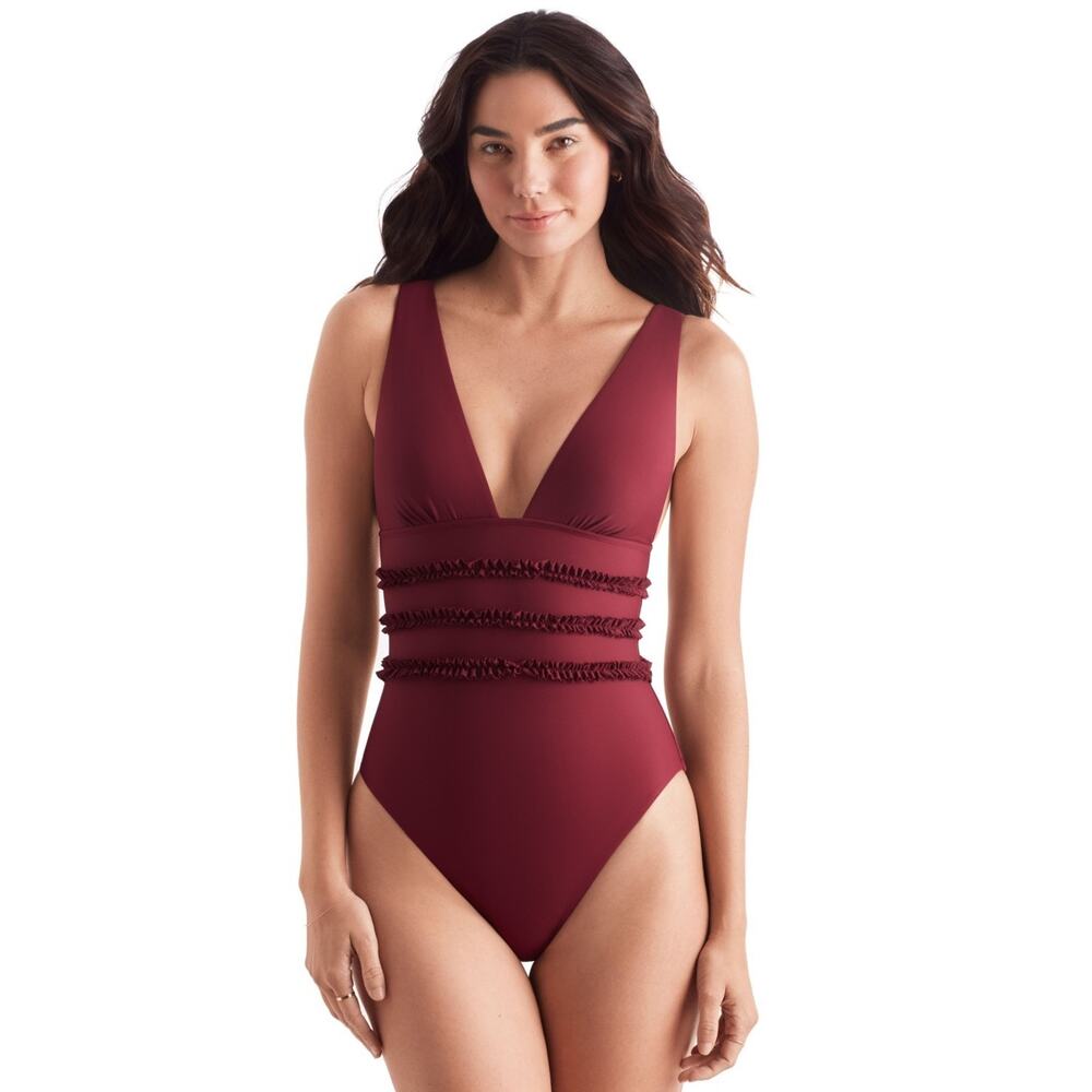 Mimi Flamingo Women's Sonny Ruffled One-Piece Swimsuit Henna Size 10 2453